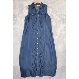 Chicos Chambray Denim Dress Womens Size Large 2 Shirt Pockets Long Maxi Blue